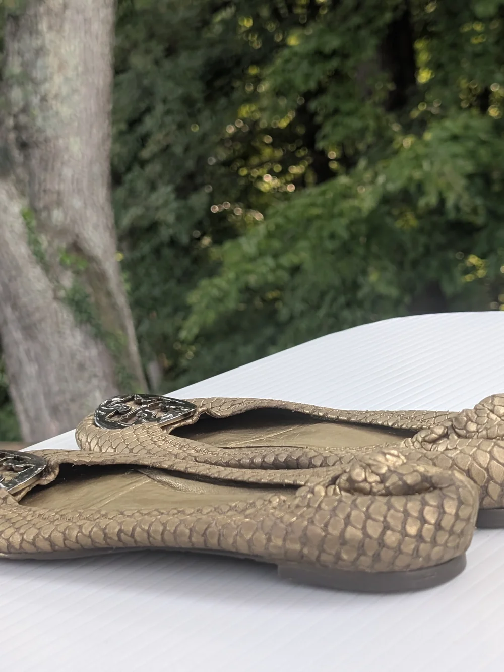 Tory Burch Reva Metallic Bronze Snake-Embossed Ballet Flats with Logo